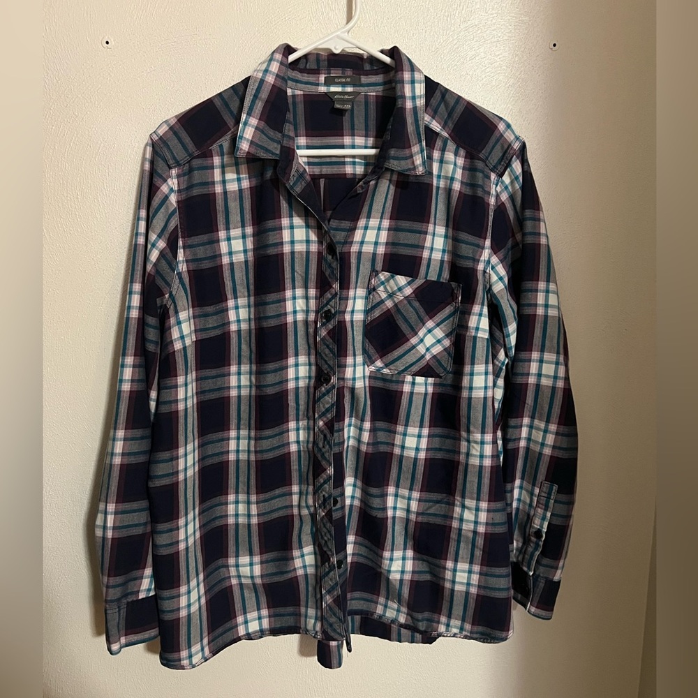 EDDIE BAUER Classic Fit Plaid Casual Button Down Navy Blue Purple Women's Sz 2XL